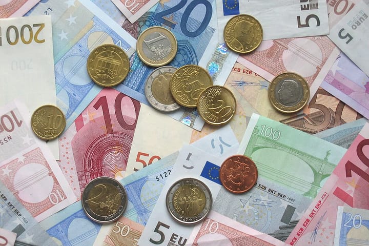 Euro banknotes and coins of several denominations spread out on a surface