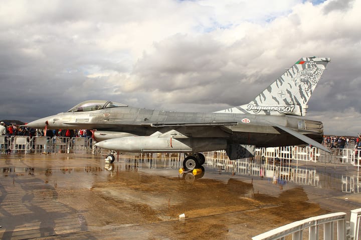 A Portuguese Air Force F-16 fighter jet with tiger-themed Esquadra 301 Jaguares tail livery parked on a wet apron