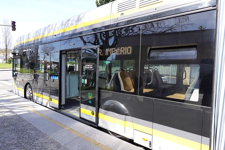 An electric Metrobus bus rapid transit vehicle at a stop in Porto, Portugal