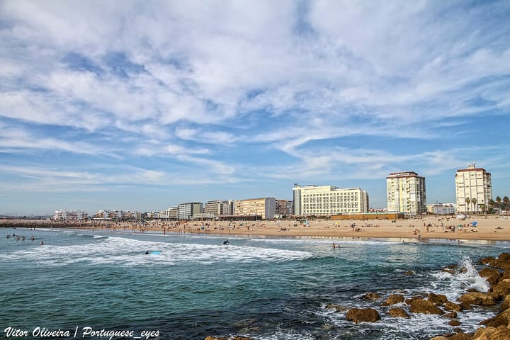 The beach and beachfront hotels of Costa da Caparica in Almada, on Portugal's Atlantic coast south of Lisbon
