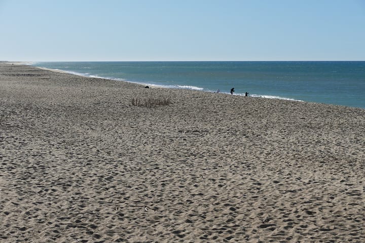 The wide sandy beach of Praia de Faro on the Algarve coast meeting a calm blue Atlantic sea under a clear sky