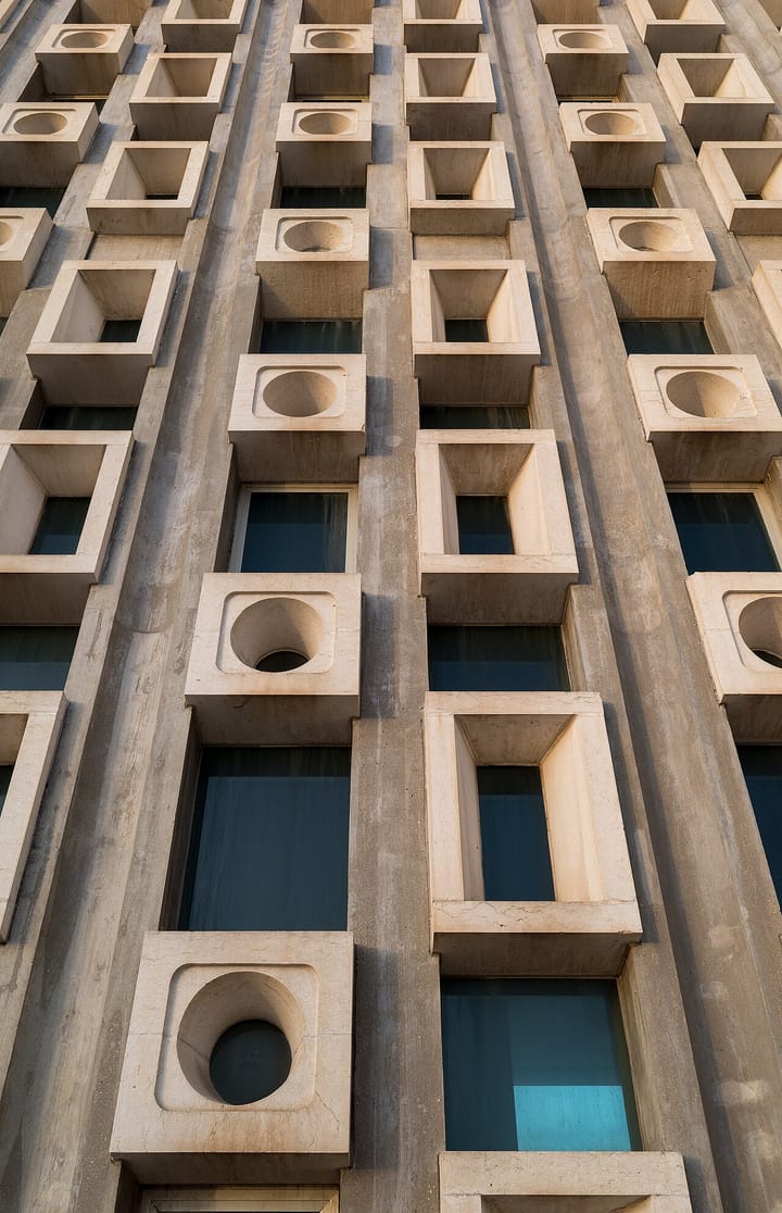 The sculpted concrete facade of the Palacio da Justica courthouse in Lisbon