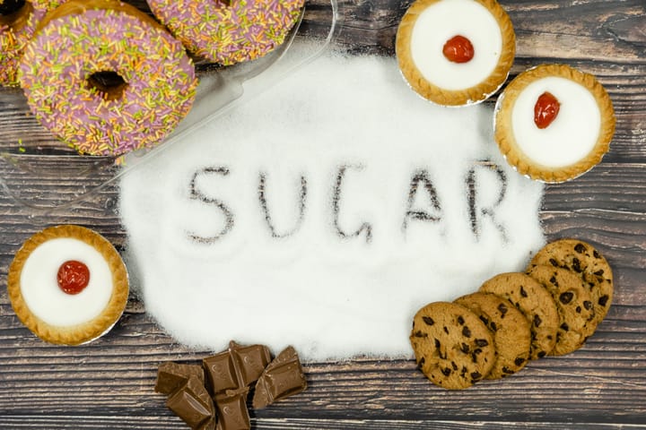 Iced doughnuts, cherry bakewell tarts, chocolate and chocolate-chip cookies arranged around the word SUGAR spelled out in white sugar on a wooden table