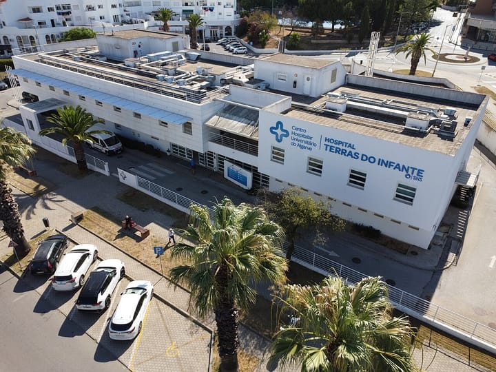 Aerial view of the SNS Hospital Terras do Infante in Lagos, Portugal, part of the Centro Hospitalar Universitario do Algarve, with an ambulance parked outside