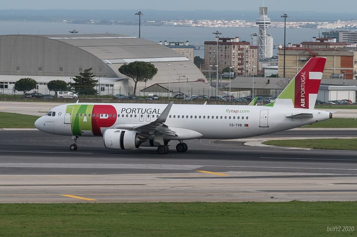 A TAP Air Portugal Airbus A320, registration CS-TVB, on the runway at Lisbon airport