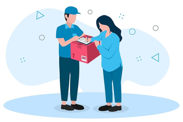 Flat illustration of a courier in a blue uniform handing a red cardboard parcel to a customer signing a delivery note