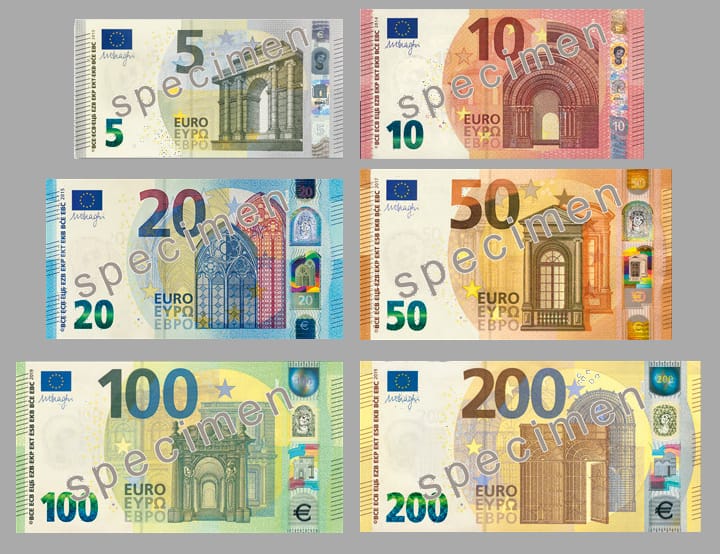 Euro banknotes of all denominations from five to two hundred euros