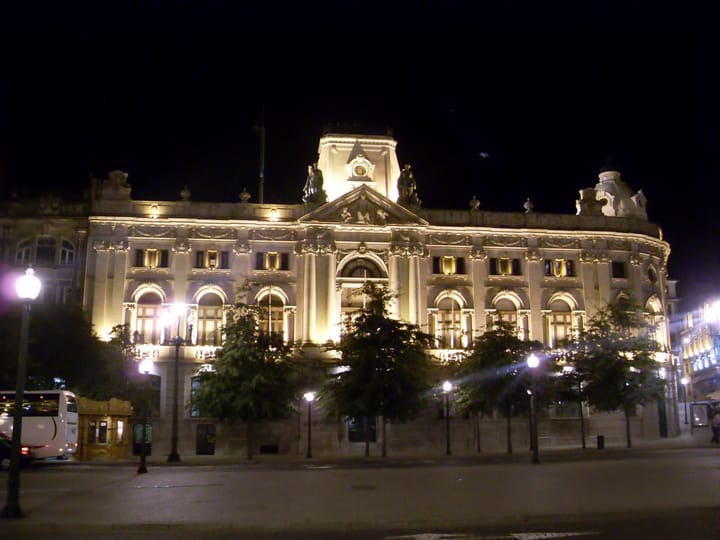 Banco de Portugal headquarters illuminated at night