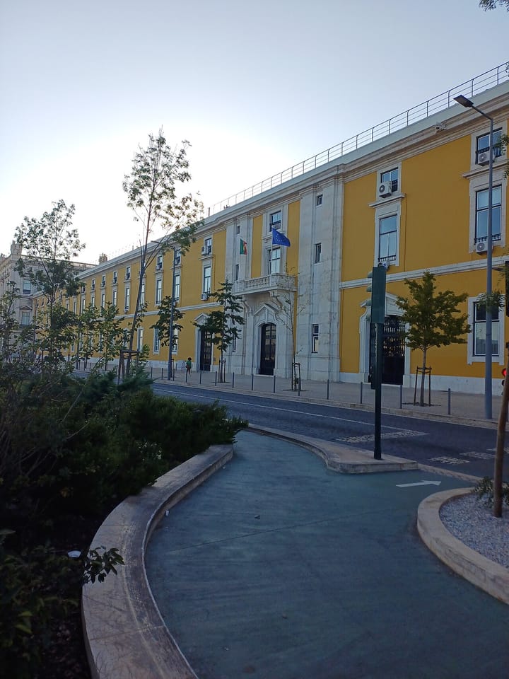The Ministry of Finance headquarters in Lisbon, flying the Portuguese and European Union flags, as Portugal draws its ninth PRR payment