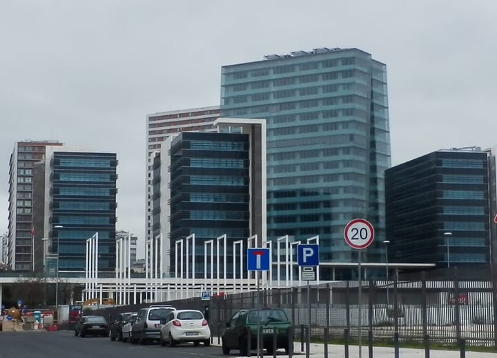 The modern glass towers of the Campus de Justica de Lisboa, Portugal's main court complex in the Parque das Nacoes district