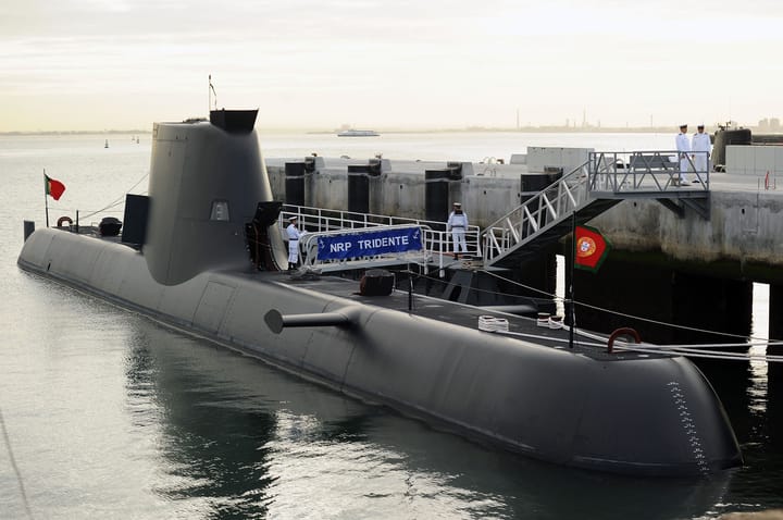 The Portuguese Navy submarine NRP Tridente alongside a quay at the Lisbon Naval Base at Alfeite