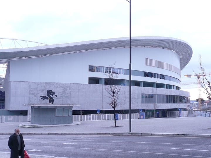 The exterior of FC Porto's Estadio do Dragao, showing the club's dragon emblem
