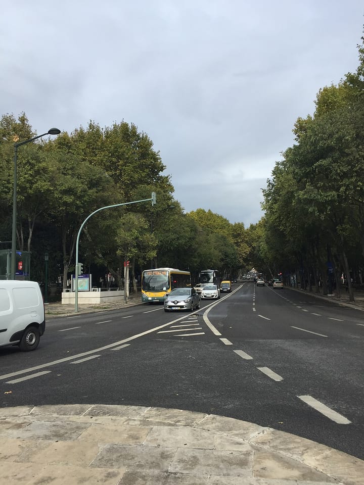 Traffic on a tree-lined Lisbon avenue as new-car sales rise across Portugal