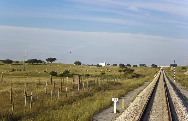 A single-track railway running straight across Alentejo pasture with cattle grazing beside it and the edge of Evora on the horizon, a kilometre post marked 113 in the foreground.