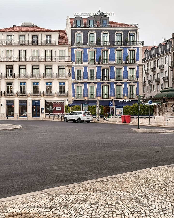 The blue-tiled facade of the Blue Liberdade Hotel in central Lisbon.