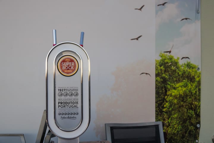 A chrome Super Bock beer tap bearing the Super Bock logo and the words Produto de Portugal 1927, Leca do Balio, Portugal