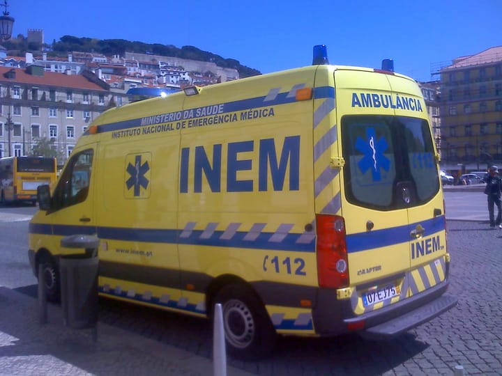 An INEM ambulance, run by Portugal's national emergency medical service, in a Lisbon square