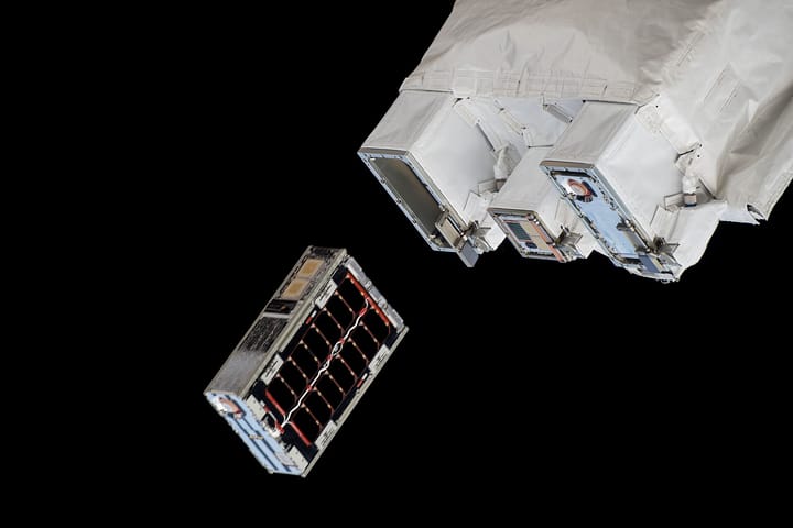 A small CubeSat satellite deployed into Earth orbit, as ESA's Oeiras incubator opens a new call for space startups