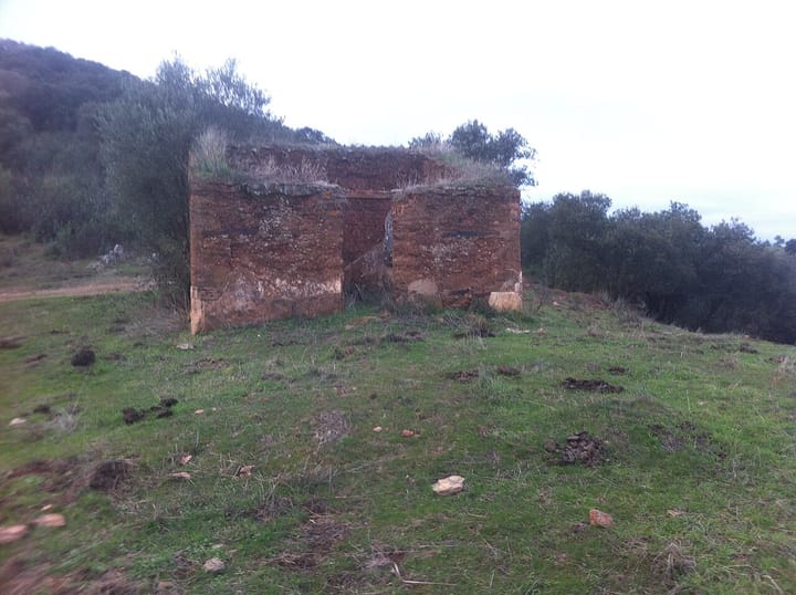 A roofless rammed-earth house standing on a grassy Portuguese hillside, its walls open to the sky and scrub growing along the top.
