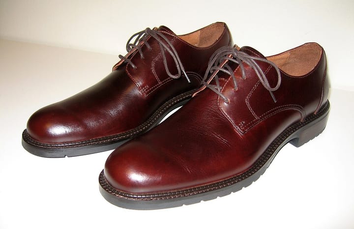 A pair of polished brown leather derby shoes on a white background