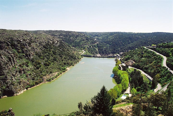 A hydroelectric dam in the Douro river gorge in northeast Portugal
