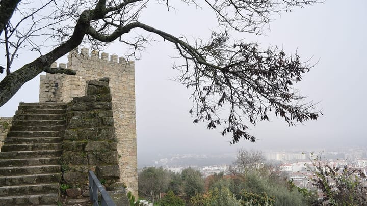 A tower and stone steps of Castelo Branco's medieval castle walls under bare branches, with the city below in the mist