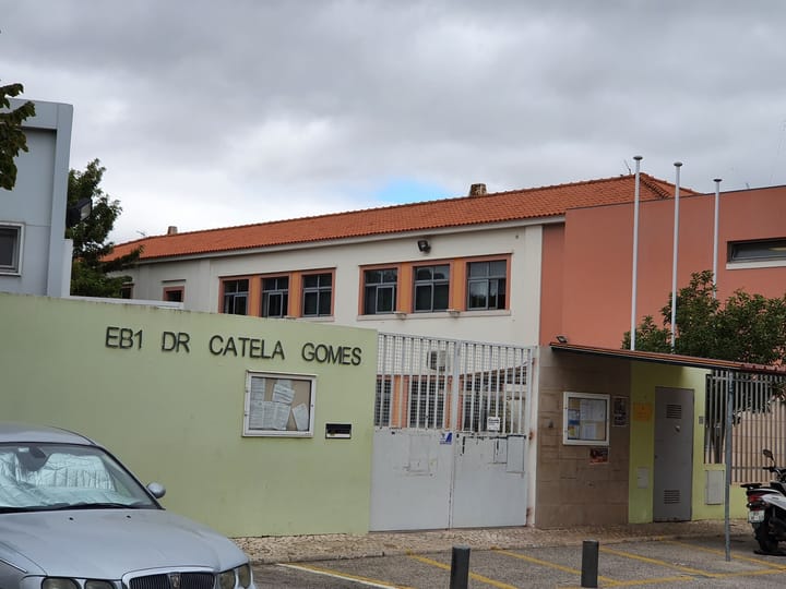 A Portuguese state primary school seen from the street, the name EB1 Dr Catela Gomes on the boundary wall beside a glazed public noticeboard and a closed white gate.