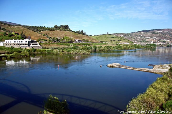 The river Douro at Peso da Regua under a clear sky, with terraced vineyards on the far bank and a concrete quay running out into the water
