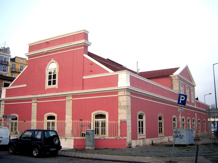 The pink and white building of Portugal's industrial property institute, the INPI, at Cais de Santarém in Lisbon