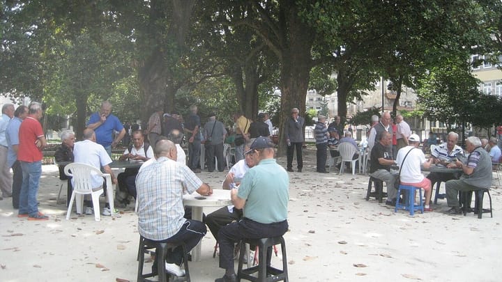Older men playing cards at tables under the trees of the Jardim de São Lázaro in Porto
