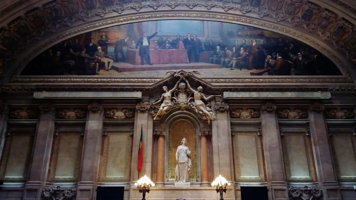 The session chamber of the Assembleia da República in Lisbon, with its mural above the Speaker's dais